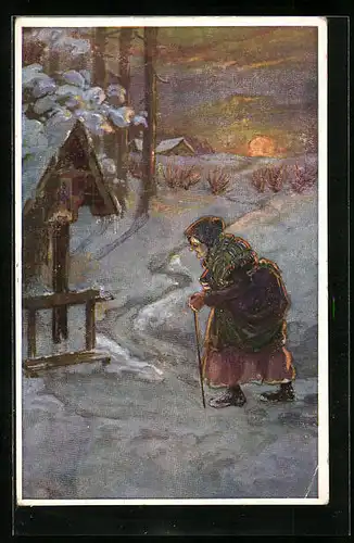 Künstler-AK H. Christ Nr. 468: Alte Frau stapft heimwärts durch den Schnee