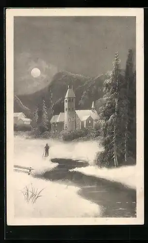 Künstler-AK H. Christ Nr. 275: Verschneites Dorf im Mondschein