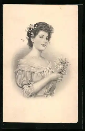 Künstler-AK H. Christ Nr. 111: Junge Frau hält einen kleinen Blumenstrauss in der Hand