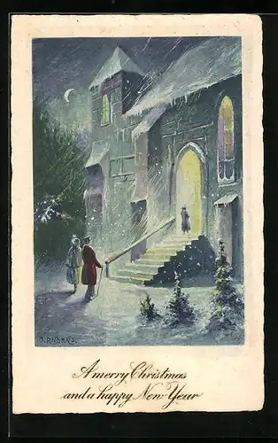 Künstler-AK H. Christ: Paar auf dem Weg zur Kirche, A merry Christmas and a happy New Year!