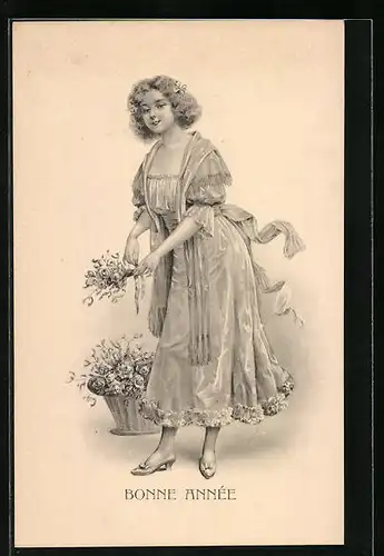 Künstler-AK H. Christ Nr. 152: Mädchen bindet einen Blumenstrauss, Bonne Année!