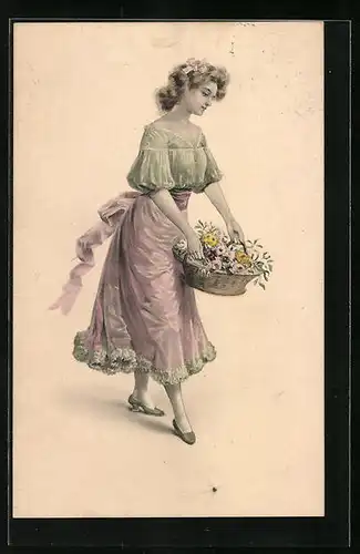 Künstler-AK H. Christ Nr. 152: Frau trägt einen Korb mit Blumen