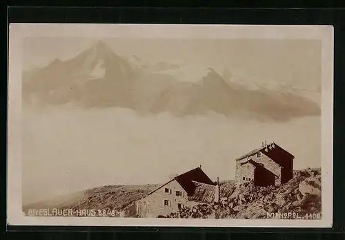 AK Breslauer Haus, Berghütte und Gipfelpanorama