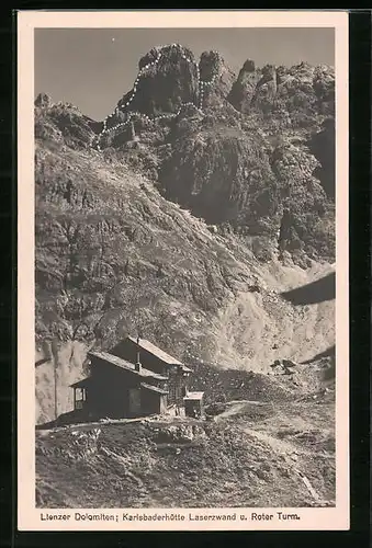 AK Karlsbader Hütte, Berghütte mit Laserzwand und Roter Turm in den Lienzer Dolomiten