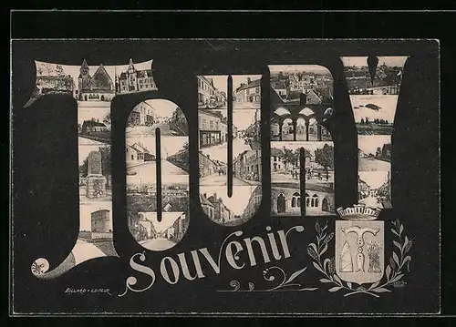 AK Toury, Stadtansichten in Buchstaben, Wappen