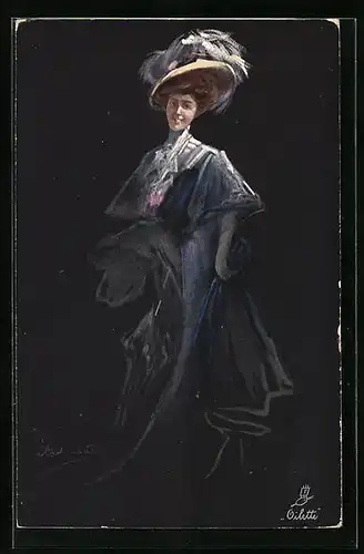 Künstler-AK Elegant gekleidete Dame mit aussergewöhnlichem Hut