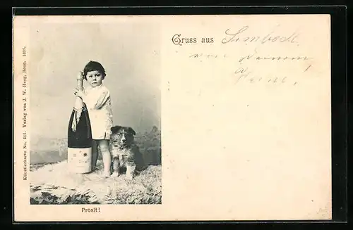 AK Prosit!, Knabe mit grosser Sektflasche und Hundewelpen