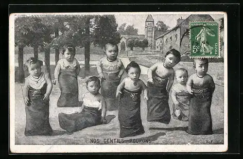 AK Nos Gentils Poupons, Kinder beim Sackhüpfen