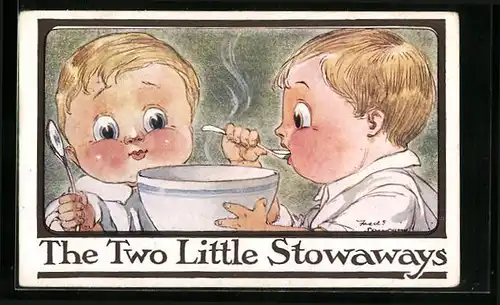 Künstler-AK The two littte Stowaways, zwei Buben schlürfen mit dem Löffel Suppe aus einer Schüssel
