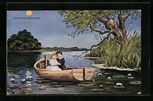 AK Sommernachtsraum, romantische Kanufahrt eines Kinderpaares bei Mondschein