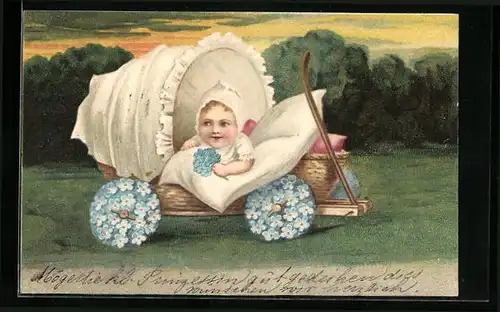 Präge-AK Süsses Baby blickt aus einem Kinderwagen mit Blumenrädern
