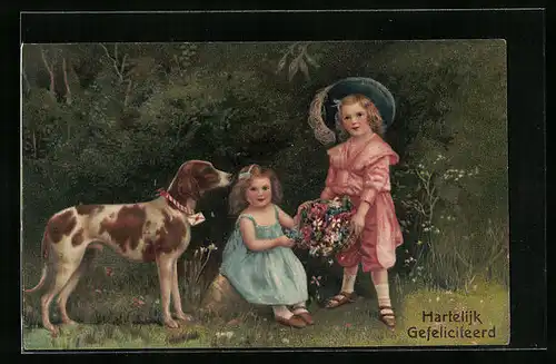 Präge-AK Kinderpaar mit Blumenkorb und grossem Hund am Waldrand