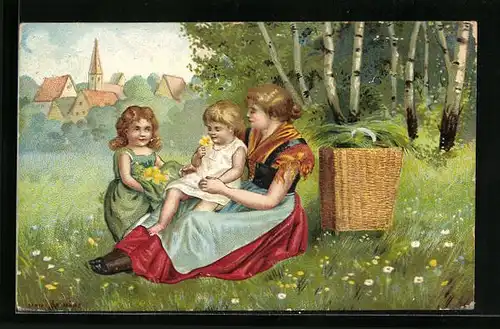 Präge-AK Mutter sitzt mit ihren Töchtern auf einer Blumenwiese