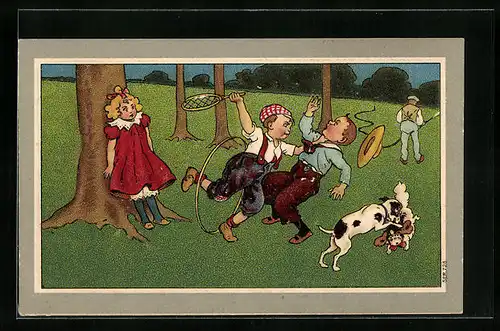 Präge-AK Zwei Buben und zwei Hunde im Kampf, Mädchen steht ängstlich am Baum