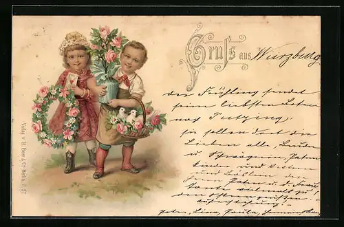 Lithographie Kinderpaar mit Blumen und Tauben im Körbchen