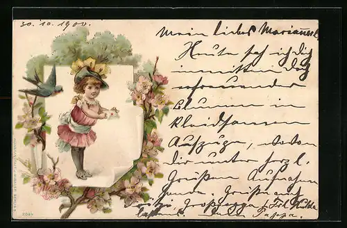 Lithographie Mädchen mit süssem Schleifenhut und Brief in den Händen