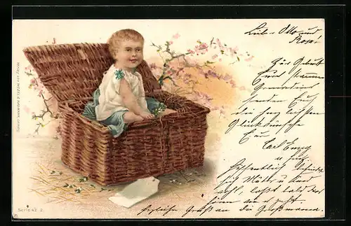 Lithographie Blondes KindKinder sitzt in einem Korb