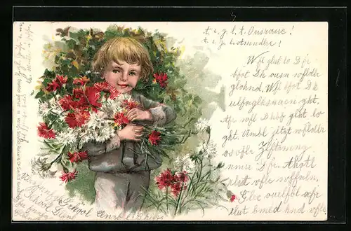Lithographie Bube mit vielen roten und weissen Tulpen im Arm
