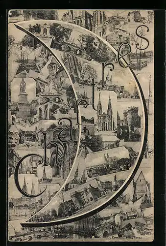 AK Chartres, Stadtansichten mit Mond