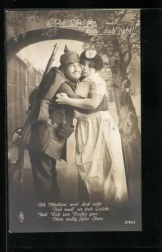 Foto-AK PFB: Ach Mädchen, wein'doch nicht!, Soldat umarmt sein Mädchen zum Abschied