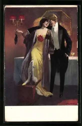 AK Liebespaar steht in eleganter Kleidung an einem Tisch