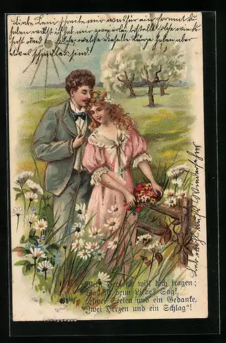 Präge-AK Romantisches Beisammensein eines Liebespaares im Garten