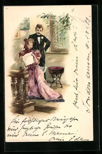 Lithographie Frau mit Modezeitung in der Hand, Mann blickt ihr über die Schulter