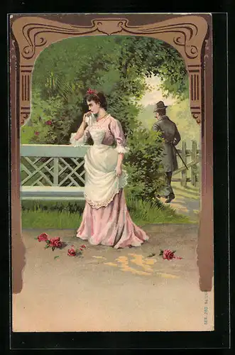 Präge-AK Mann lässt seine Frau weinend zurück, Rosen liegen auf dem Boden