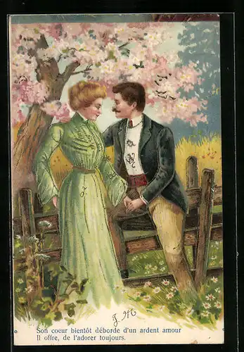 Präge-AK Liebespaar unter einem blühenden Baum stehend