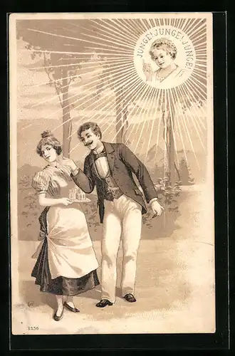 Präge-AK Junge! Junge! Junge!, Frau hebt warnend den Finger, Mann flirtet mit einer Bediensteten