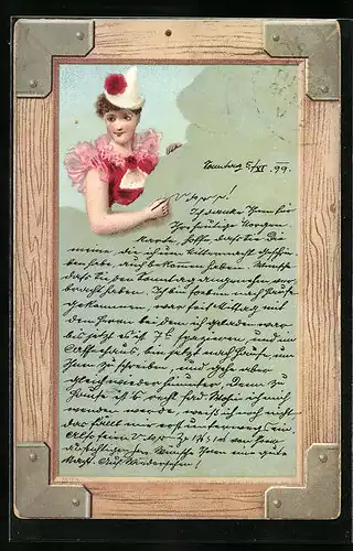 Lithographie Dame als Harlekin schreibt auf die Karte