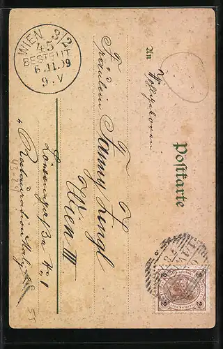 Lithographie Dame als Harlekin schreibt auf die Karte