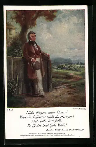 Künstler-AK Franz Schubert beim Spaziergang, Das Dreimäderlhaus