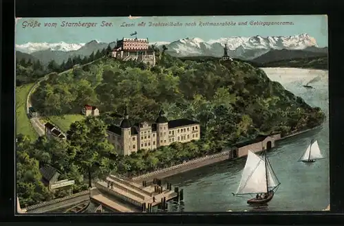 Künstler-AK Leoni / Starnberger See, Panorama mit Drahtseilbahn nach Rottmannshöhe