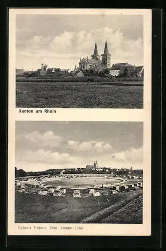 AK Xanten / Rhein, Röm. Amphitheater Colonia Trajana, Gesamtansicht mit Kirche