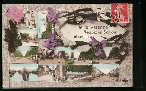 AK La Varenne, Zehn Ansichten aus der Ortschaft mit Blumen verziert