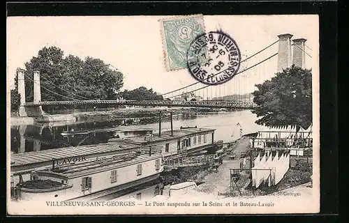 AK Villeneuve-Saint-Georges, Le Pont suspendu sur la Seine et le Bateau-Lavoir