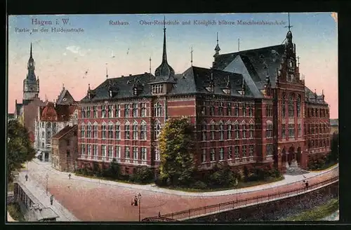 AK Hagen i. W., Partie an der Haidenstrasse, Rathaus, Oberrealschule und Königlich höhere Maschinenbauschule