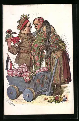 Künstler-AK Emil Beithan: Kinder spielen Familie, welche den Vater an die Front verabschieden