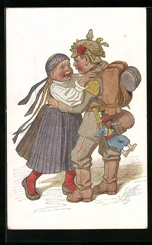 Künstler-AK Emil Beithan: Mädchen in Tracht umarmt Jungen in Soldatenuniform