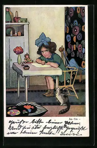 Künstler-AK St. Bender: Mädchen schreibt Brief an ihn