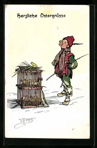 Künstler-AK W. Braun: Herzliche Ostergrüsse, Junge mit Käfig voller Küken