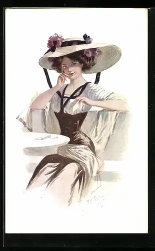 Künstler-AK W. Braun: Elegant gekleidete junge Frau mit Hut