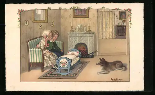Künstler-AK Pauli Ebner: Kinder mit Puppe in der Wiege