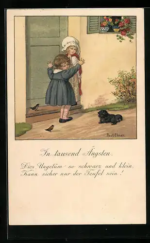 Künstler-AK Pauli Ebner: Zwei Mädchen in tausend Ängsten vor einem Hund