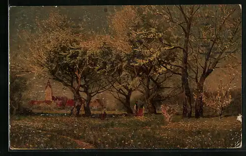 Künstler-AK Degi Nr. 355: Baumblüte, Obstbäume auf der Wiese, Ölgemälde-Imitations-AK