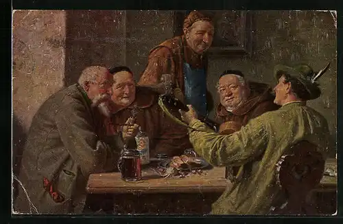 Künstler-AK Degi Nr. 1136: Sepps Schnadahüpfl, Männer im Gasthaus, Ölgemälde-Imitations-AK