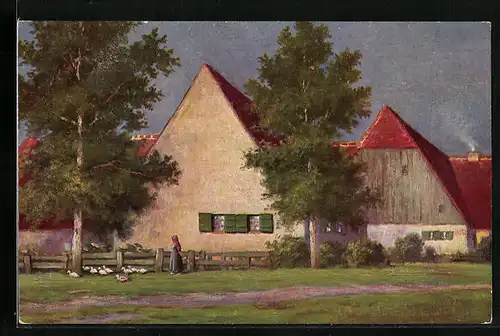 Künstler-AK Degi Nr. 1138: Bauernhaus Im Abendsonnenschein, Ölgemälde-Imitations-AK