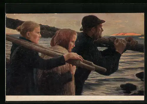 Künstler-AK Degi Nr. 528: In den äusseren Scheren, Zwei Frauen und ein Mann blicken aufs Meer, Ölgemälde-Imitations-AK
