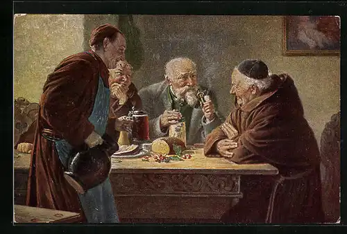 Künstler-AK Degi Nr. 1135: Starker Tabak, Männer im Gasthaus, Ölgemälde-Imitations-AK
